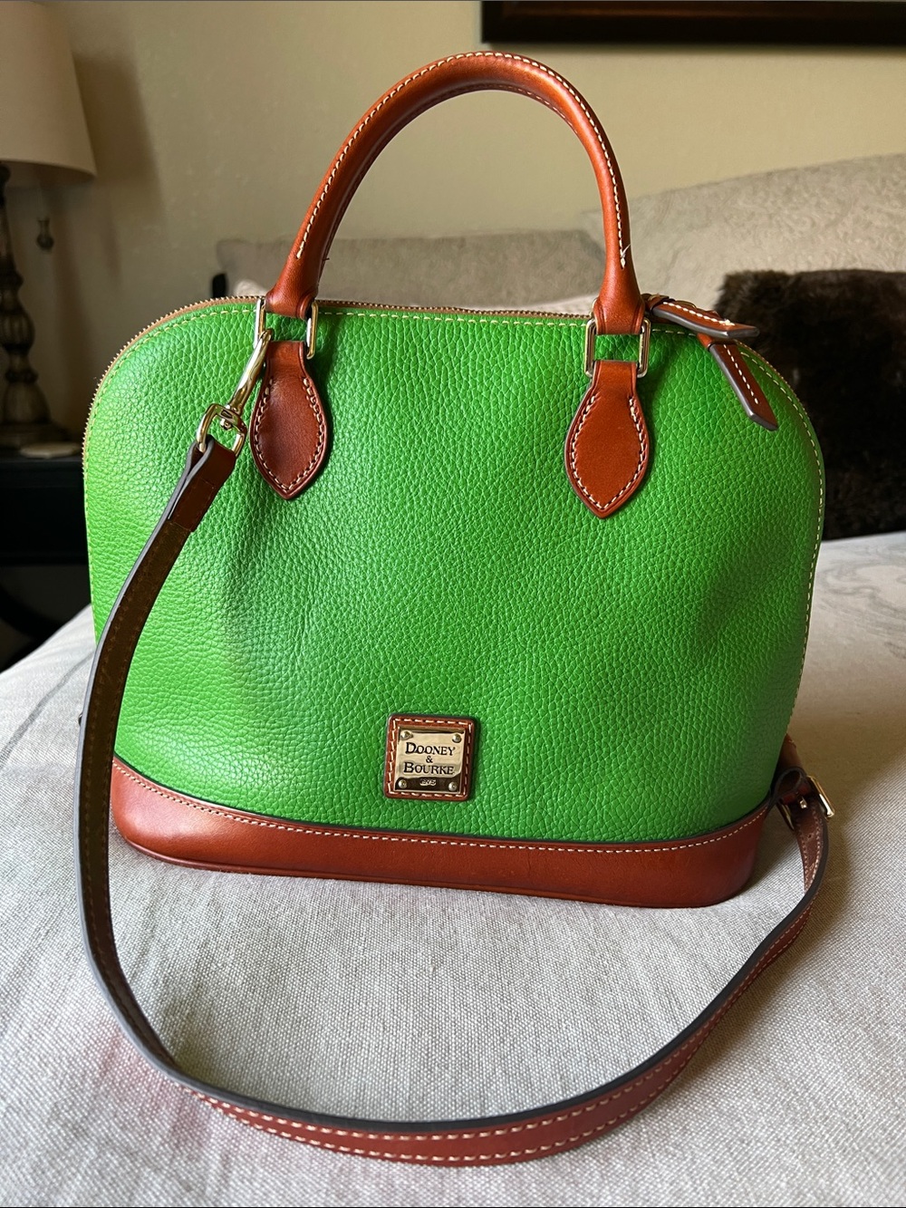 Dooney & Bourke Green Pebbled Leather Satchel with Brown Trim and Strap